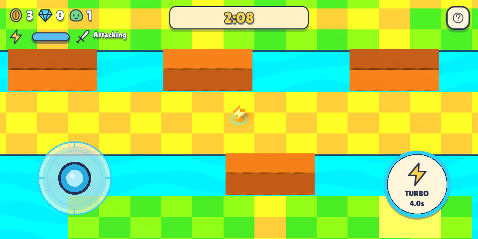 Arena gameplay with the virtual joystick, match timer, and Turbo button