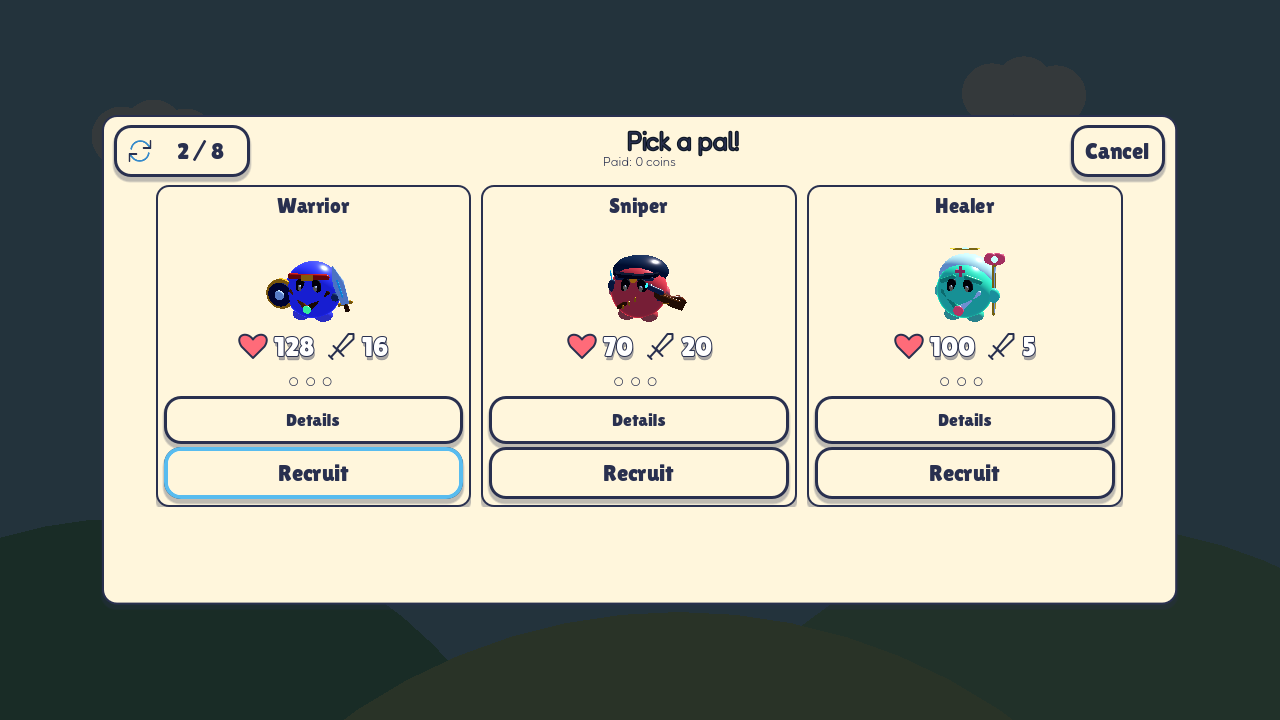 The recruit screen showing three troop cards to choose from